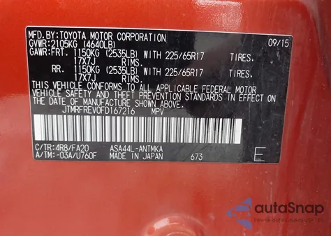 2015 Toyota Rav4 Xle from USA, damaged, VIN JTMRFREV0FD167216